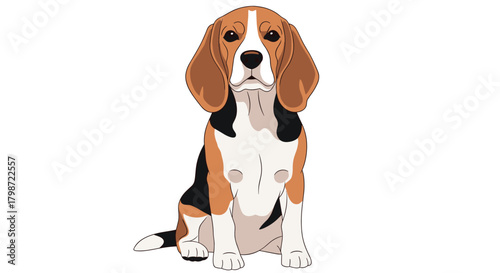 A cute cartoon beagle dog with tricolor fur sits patiently and looks directly forward on a plain white background, an adorable pet illustration.