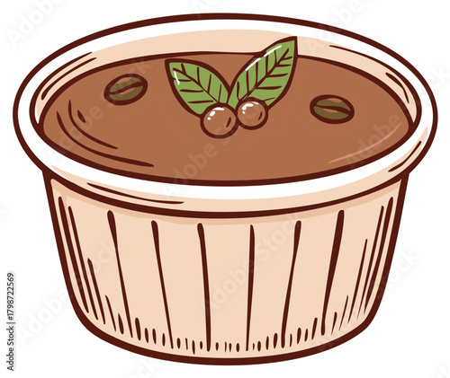 Hand drawn illustration of a coffee pudding dessert in a cup garnished with coffee beans and leaves