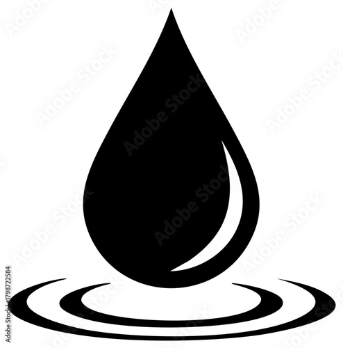 Abstract black water drop creating ripples on a white background