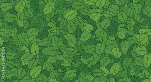 A lush, vibrant overhead view of various shades of green leaves, creating a dense and natural textured background.