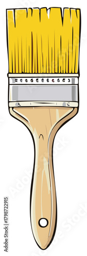 Illustration of a paint brush with yellow bristles and wooden handle