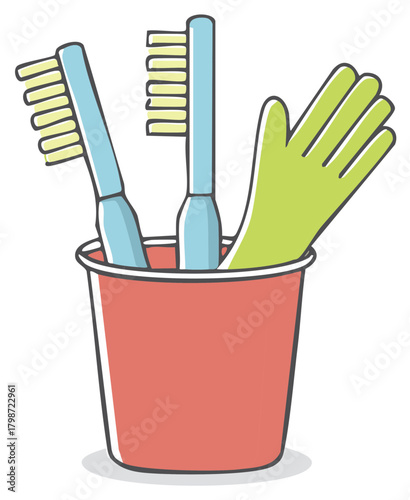 Two Toothbrushes and a Glove in a Red Cup Cleanliness Hygiene