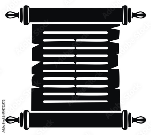 Black silhouette icon of an unrolled ancient paper scroll with abstract text lines