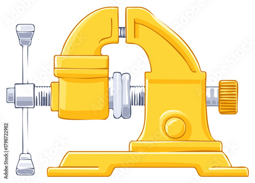 Vivid yellow cartoon illustration of a sturdy workbench vise tool for clamping