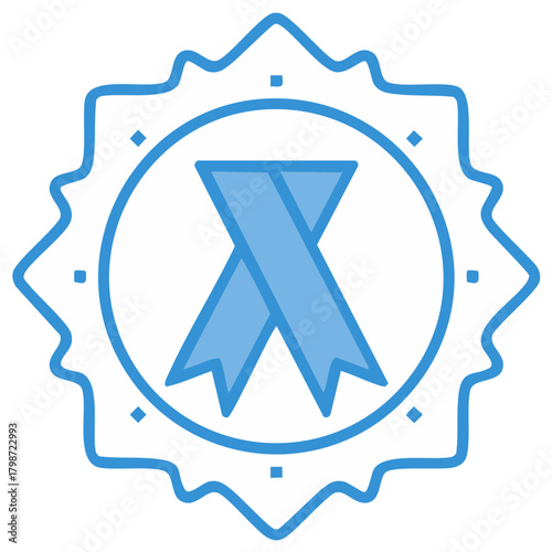 Vector Illustration of Light Blue Ribbon in Starburst Badge for Cause Awareness and Support