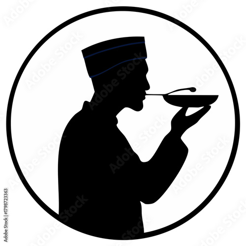 Black silhouette of a man in traditional cap tasting food from a bowl with a spoon inside a circle
