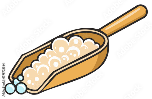 Illustration of a Wooden Scoop Filled with Shiny Blue Bubble Bath Beads
