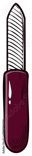 Hand drawn illustration of a manicure nail file with a dark red handle for beauty care