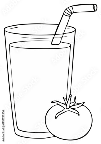Tomato juice glass with drinking straw and ripe tomato illustration