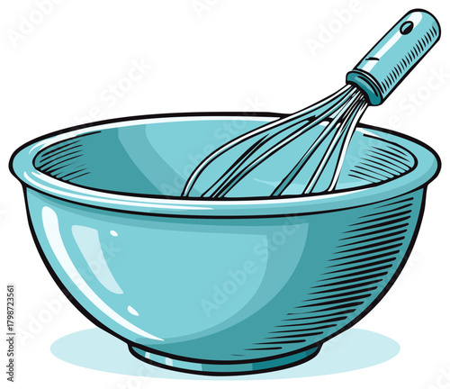 Cartoon of a light blue bowl and whisk, baking and cooking concept