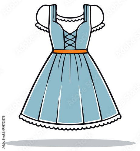 Vector illustration of a blue dirndl dress with orange belt and white lace details