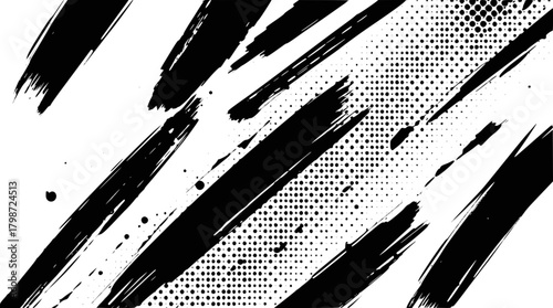 Black ink brush strokes and splatter on