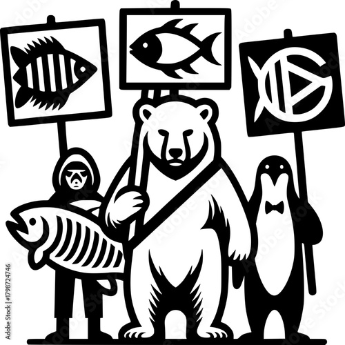 Environmental Protest: A symbolic representation of diverse species united in a call for environmental awareness.