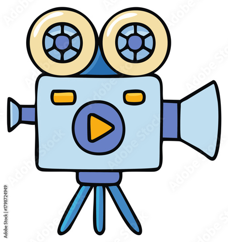 Cute cartoon retro movie camera with reels and tripod icon for film production