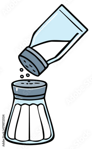 Cartoon illustration of a salt shaker pouring its contents into another shaker