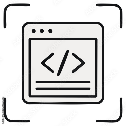 Stylized code browser window icon showing coding elements bracket angular doodle sketch style