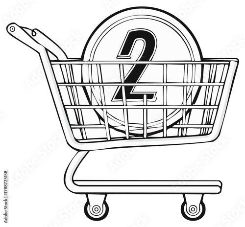 Stylized shopping cart with a large coin displaying the number two for retail concepts