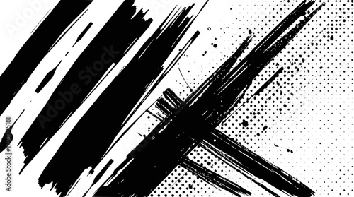 Abstract black ink brush strokes with halftone pattern on