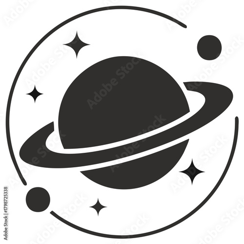 Stylized planet with rings, stars, and moons in a celestial orbit design