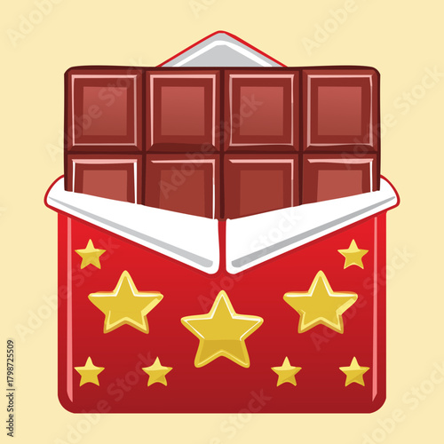Open Christmas Chocolate Bar Wrapped in a Red and Gold Star Patterned Wrapper for a Holiday Treat - Vector Illustration