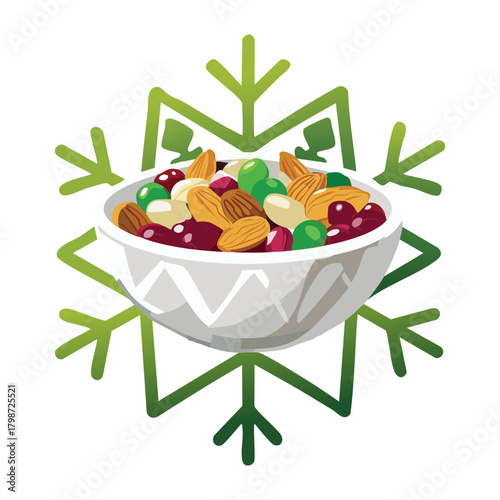 Holiday Snack Mix of Nuts, Seeds, and Candies Served in a White Bowl with a Decorative Green Snowflake - Vector Illustration