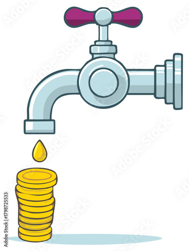 Cartoon faucet leaking money onto stack of golden coins vector illustration