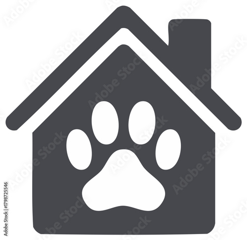 Pet Shelter Symbol Grey Paw Print in House Shape for Animal Protection