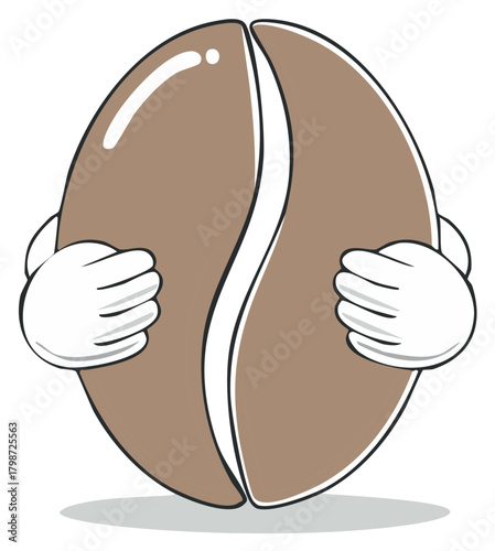 Cartoon Coffee Bean Character with Happy Hands Holding Itself