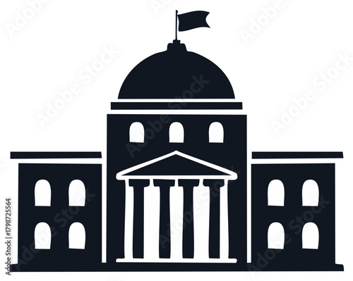 Black silhouette of a government building with dome columns and waving flag