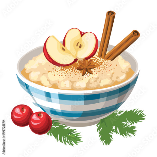 Bowl of Warm Porridge Topped with Apple Slices, Cinnamon Sticks, and Cranberries for Winter Breakfast - Vector Illustration