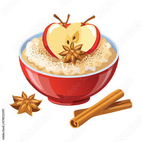 Red Bowl of Oatmeal or Rice Porridge Topped with Cinnamon, Star Anise, and Fresh Apple Slices - Vector Illustration