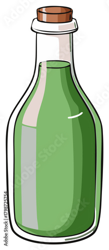 Glass bottle filled with green liquid and sealed with a cork stopper