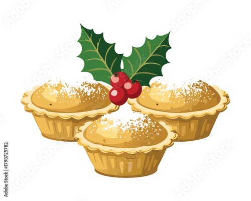 Three Traditional Christmas Mince Pies Topped with Icing Sugar and Decorated with Holly Sprigs - Vector Illustration