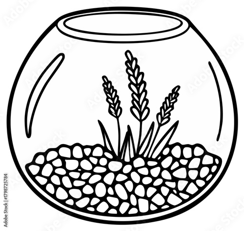 Decorative Round Glass Bowl with Pebbles and Ornamental Plants Outline Black and White Drawing