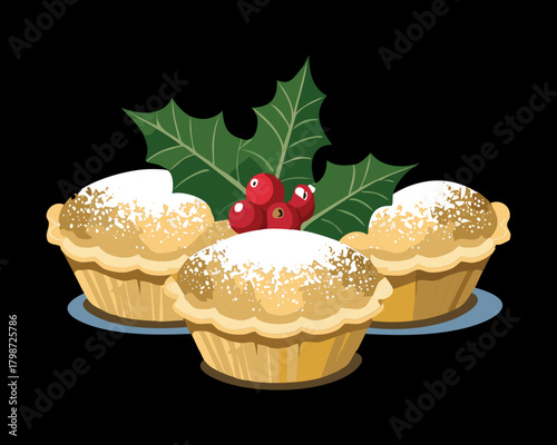 Traditional Christmas Mince Pies Dusted with Icing Sugar and Garnished with Fresh Holly Berries - Vector Illustration
