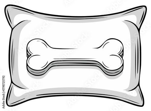 Stylized vector illustration of a cartoon bone on a plush pillow