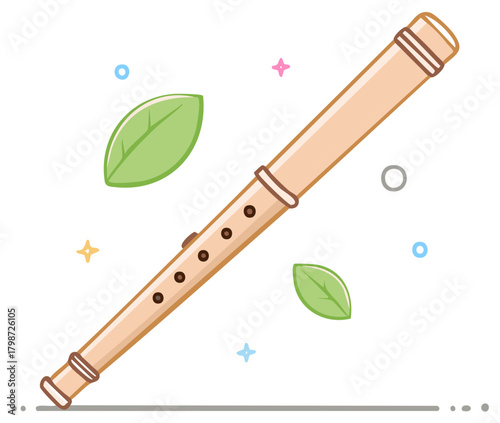 Classic wooden flute with fresh green leaves and cheerful colorful shapes a harmonious musical instrument illustration