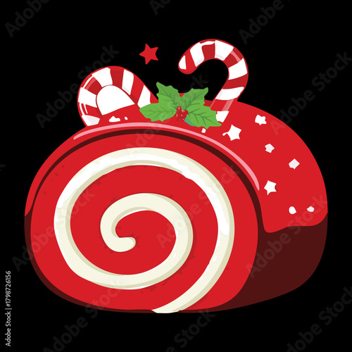 Red Christmas Swiss Roll Cake Slice with White Spiral Cream Filling and Candy Cane Decorations - Vector Illustration