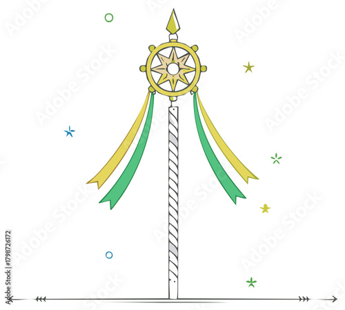 Golden Dharma Wheel atop Striped Pole with Flowing Ribbons amidst Scattered Stars and Orbs
