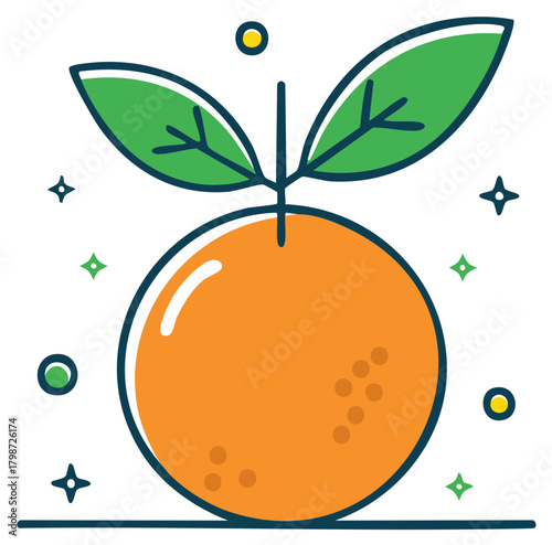 Orange fruit with leaves and sparkling stars illustration, fresh and healthy