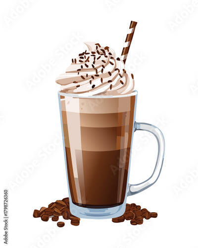 Iced Layered Coffee Drink Topped with Whipped Cream, Chocolate Drizzle, and Straw - Vector Illustration