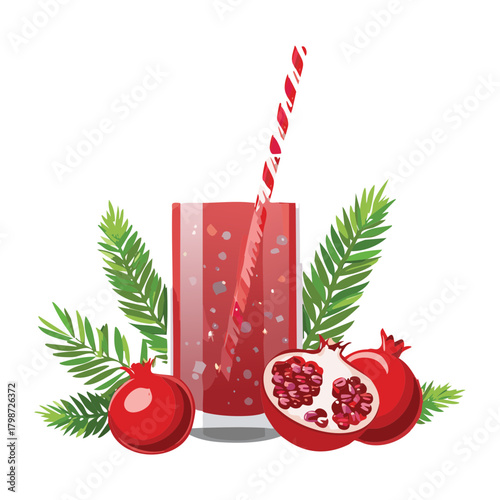 Red Pomegranate Juice Drink in a Tall Glass Garnished with Berries and Green Pine Sprigs - Vector Illustration