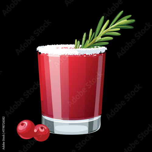 Festive Red Cocktail Drink Garnished with Rosemary Sprig and White Sugared Rim for Christmas - Vector Illustration