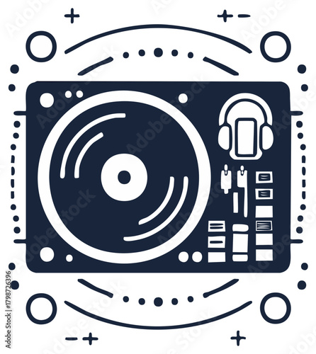 DJ equipment with a turntable and headphone graphic illustration for music production and DJing. Vector drawing for musical style