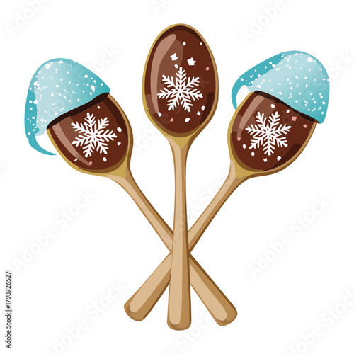Winter Hot Chocolate Spoons Decorated with Melted Dark Chocolate and White Sugar Snowflakes Topping - Vector Illustration