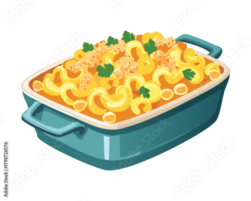 Macaroni and Cheese Casserole Ready to Serve, Bubbling Hot with a Creamy Sauce and Cheese Bits - Vector Illustration
