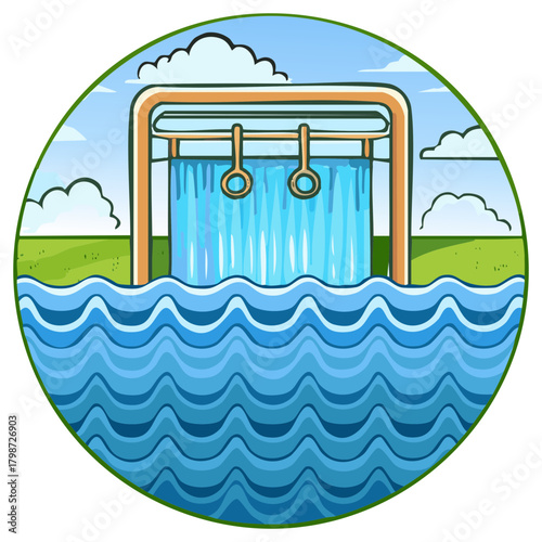 Cartoon illustration of a hydroelectric dam generating power with water flow in a circular emblem