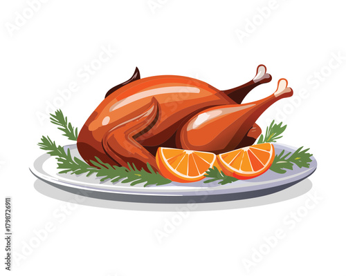 Delicious Glazed Roasted Turkey or Chicken on a Plate with Orange Slices and a Brown Sauce - Vector Illustration