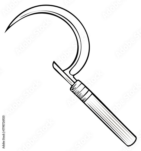 Isolated Hand Drawn Sickle Illustration, Harvesting Tool Outline, Agricultural Equipment, Hand Held Farming Implement