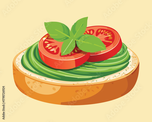 Healthy Avocado Toast Topped with Sliced Tomato and Fresh Basil Leaves on a Slice of Bread - Vector Illustration